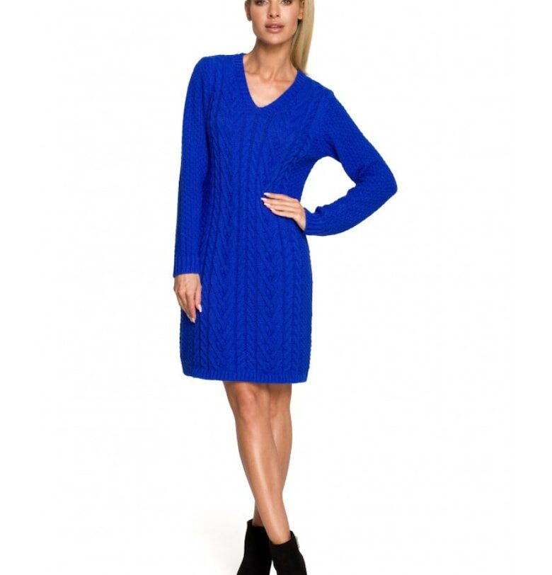 рокля-пуловер - V-образно деколте - акрил - найлон - синьо MOE