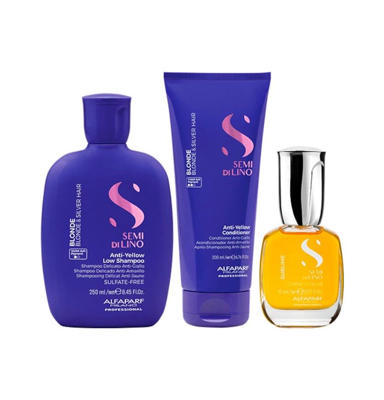 Alfaparf Semi di Lino Blonde пакет за неутрализиране на жълти тонове - шампоан 250 мл + балсам 200 мл + течно масло Cristalli 15 мл Alfaparf Milano