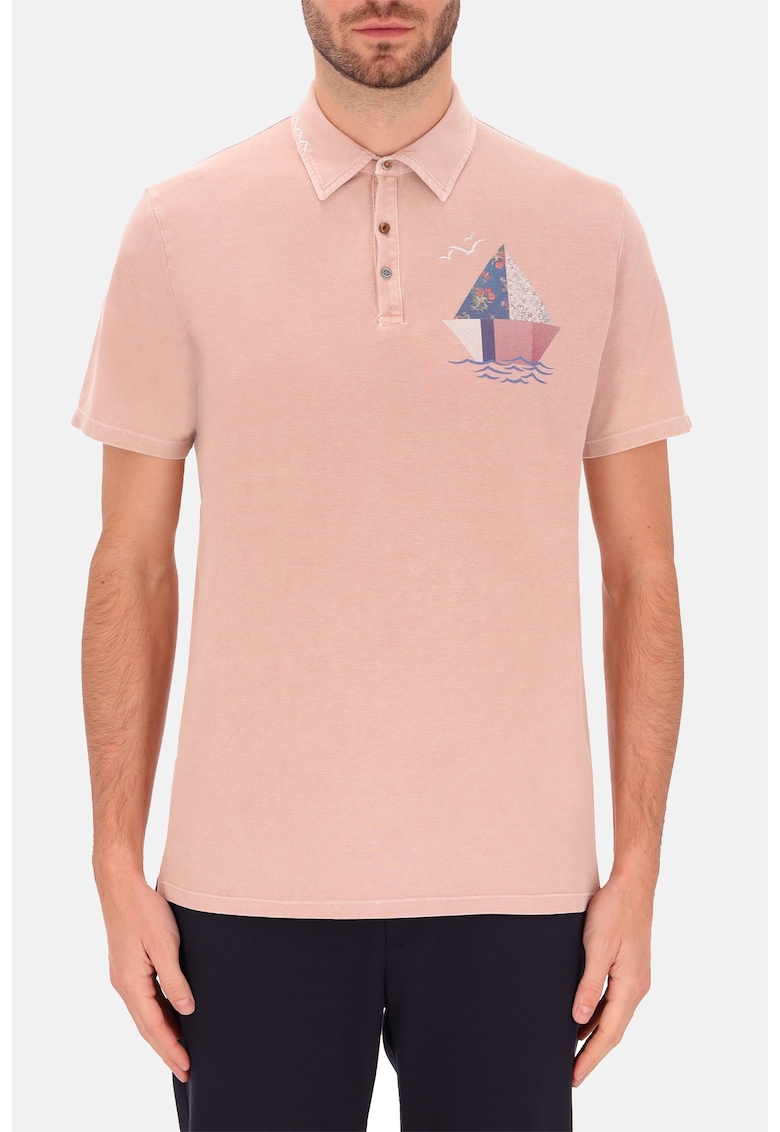 Distretto - Памучна тениска с яка и фигурален принт - Прашно розово Distretto 12