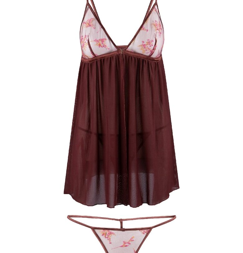 LingaDor - Неглиже с висока талия и дантелена танга - 2 части - Бордо LingaDore