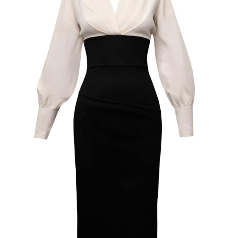 Lunaria Midi Dress With Chest Drapped Details - Черен/Светло бежово Alina Cernatescu