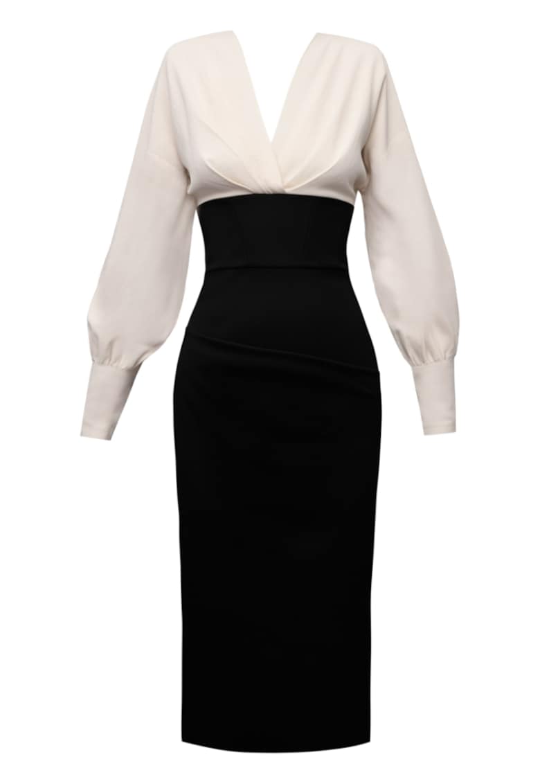 Lunaria Midi Dress With Chest Drapped Details - Черен/Светло бежово Alina Cernatescu