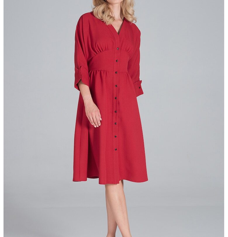 Midi рокля  M843 - 3/4 ръкав - мило деколте - бордо - полиестер Figl