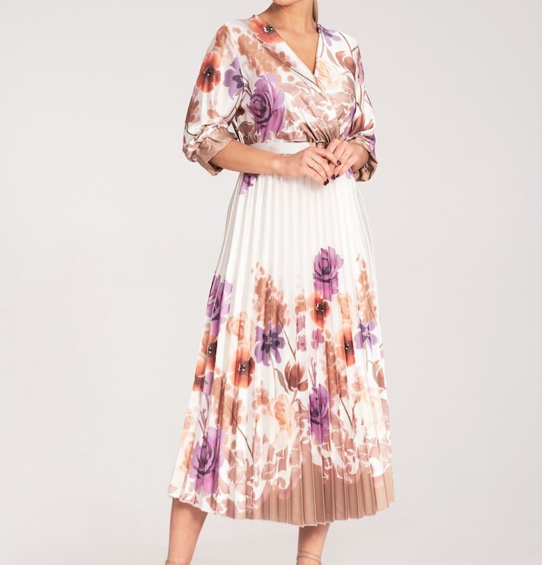 Midi рокля  на цветя - бяла с колан - сатен - елегантна - за специални поводи - SM Figl