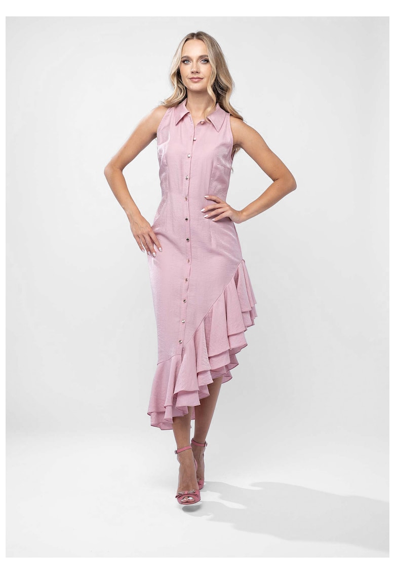 Rochie-camasa cu croiala asimetrica si cu volane - Розово Monarh design