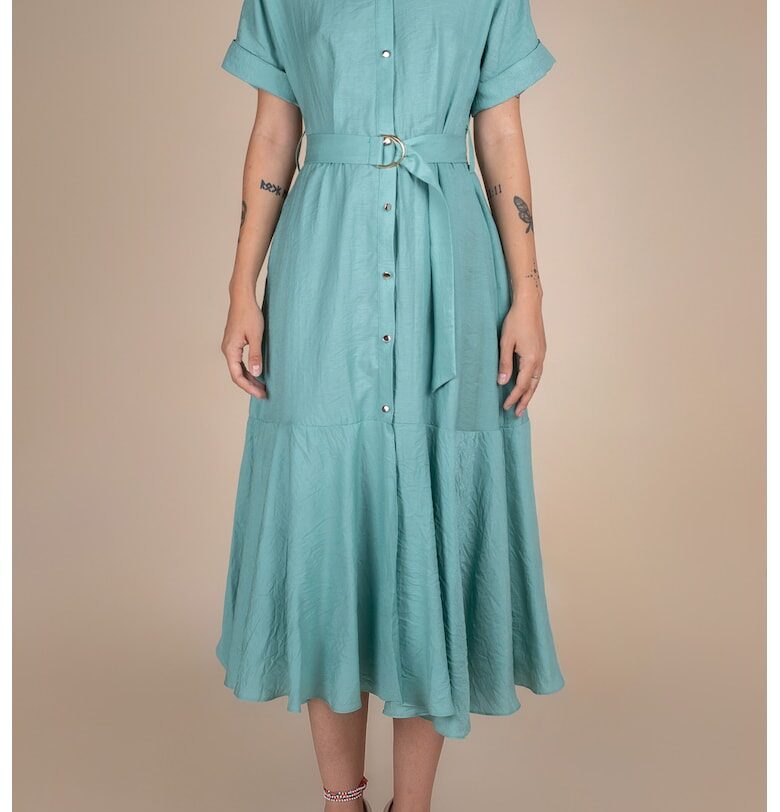 Rochie-camasa midi - cu volan si cordon Pearl Aqua - Aqua Monarh design