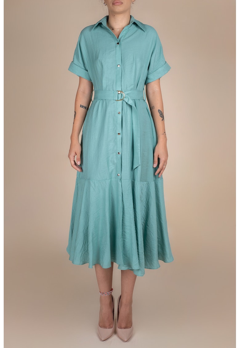 Rochie-camasa midi - cu volan si cordon Pearl Aqua - Aqua Monarh design
