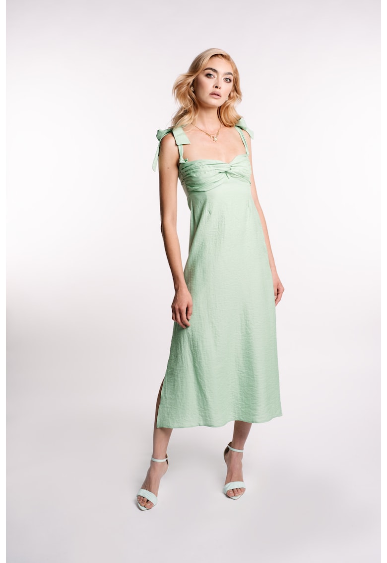 Rochie midi din amestec de in - cu bust fronsat - Зелен Monarh design