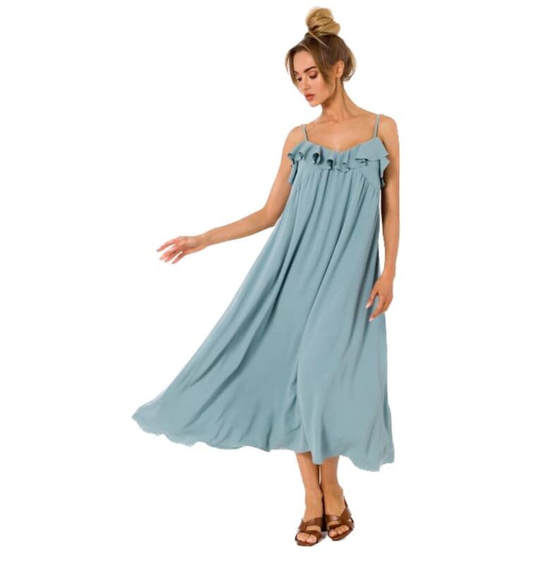 Rochie midi evazata cu bretele subtiri si volane -  Зелен MOE