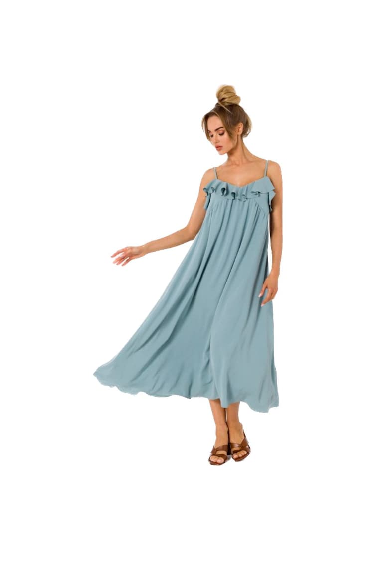 Rochie midi evazata cu bretele subtiri si volane - Зелен MOE