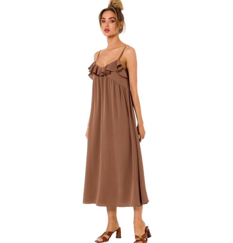 Rochie midi evazata cu bretele subtiri si volane -  Кафяв MOE