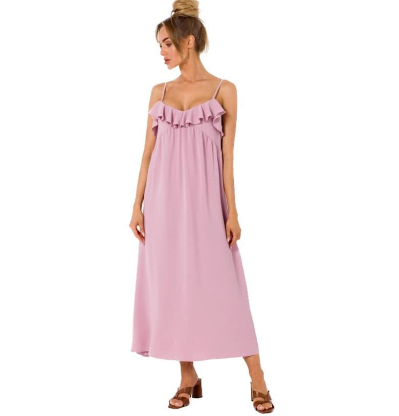 Rochie midi evazata cu bretele subtiri si volane -  Розово MOE