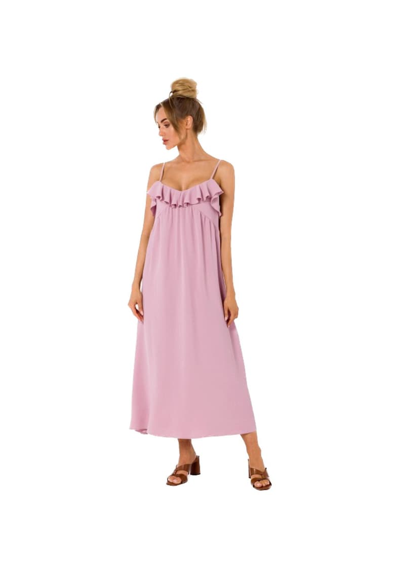 Rochie midi evazata cu bretele subtiri si volane - Розово MOE
