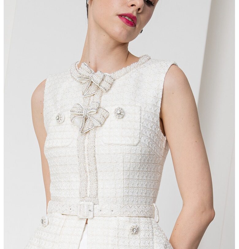 Self Portrait - Миди рокля с мъниста - Крем/Сребрист/Светло бежово SELF-PORTRAIT