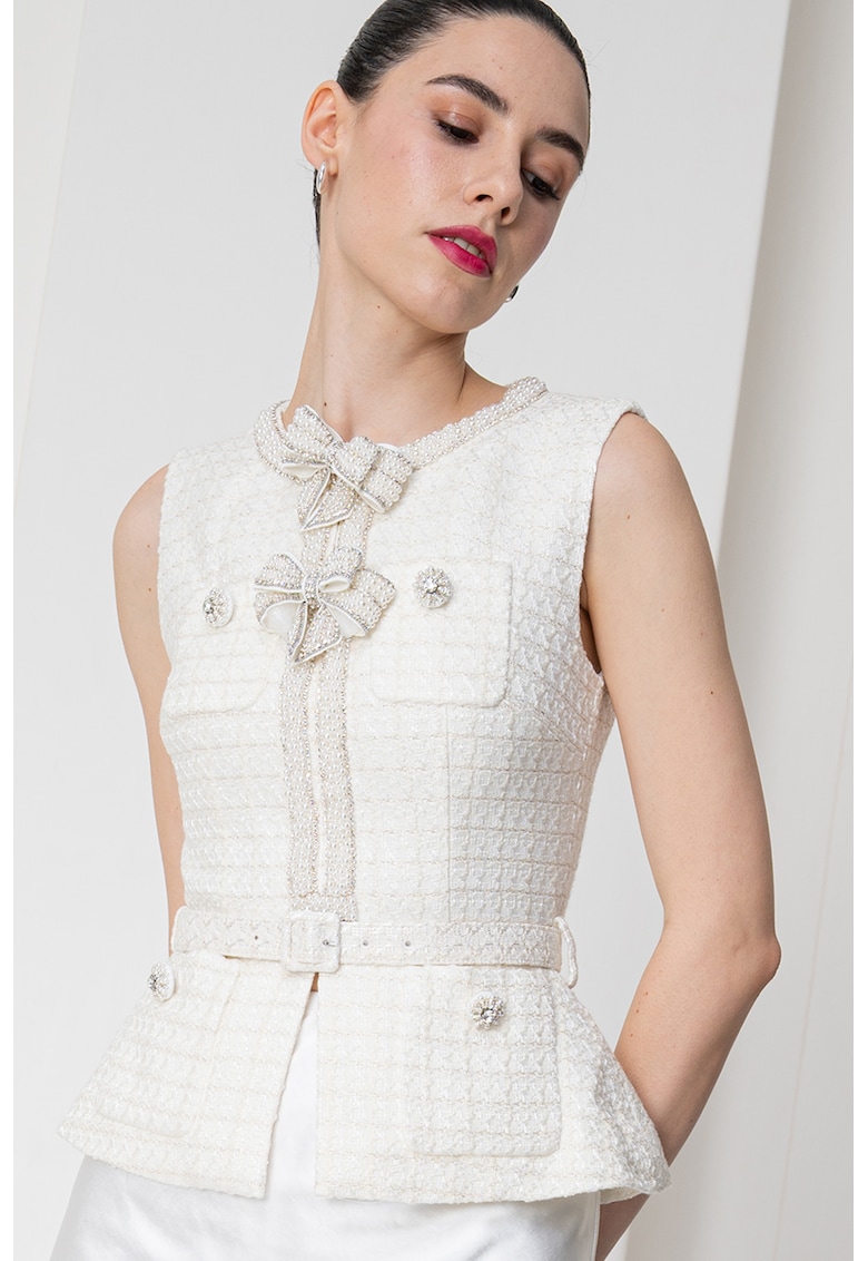 Self Portrait - Миди рокля с мъниста - Крем/Сребрист/Светло бежово SELF-PORTRAIT