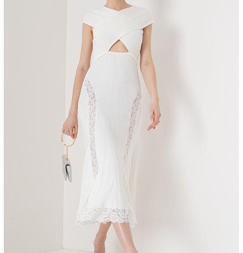 Self Portrait - Рипсена рокля с дантела - Мръснобял SELF-PORTRAIT