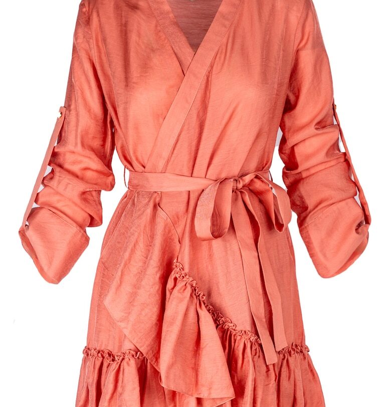 Wrap Dress With Ruffles & Wide Cuffs - Светло оранжево Monarh design
