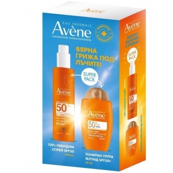 АВЕН СЪН Слънцезащитен спрей за възрастни 200 мл. + Авен тон. ултра флуид за лице SPF50+ 50мл. ПРОМО цена