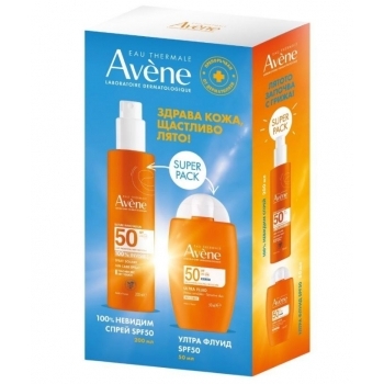 АВЕН СЪН Слънцезащитен спрей за възрастни 200 мл. + Авен ултра флуид за лице SPF50+  50мл. ПРОМО цена