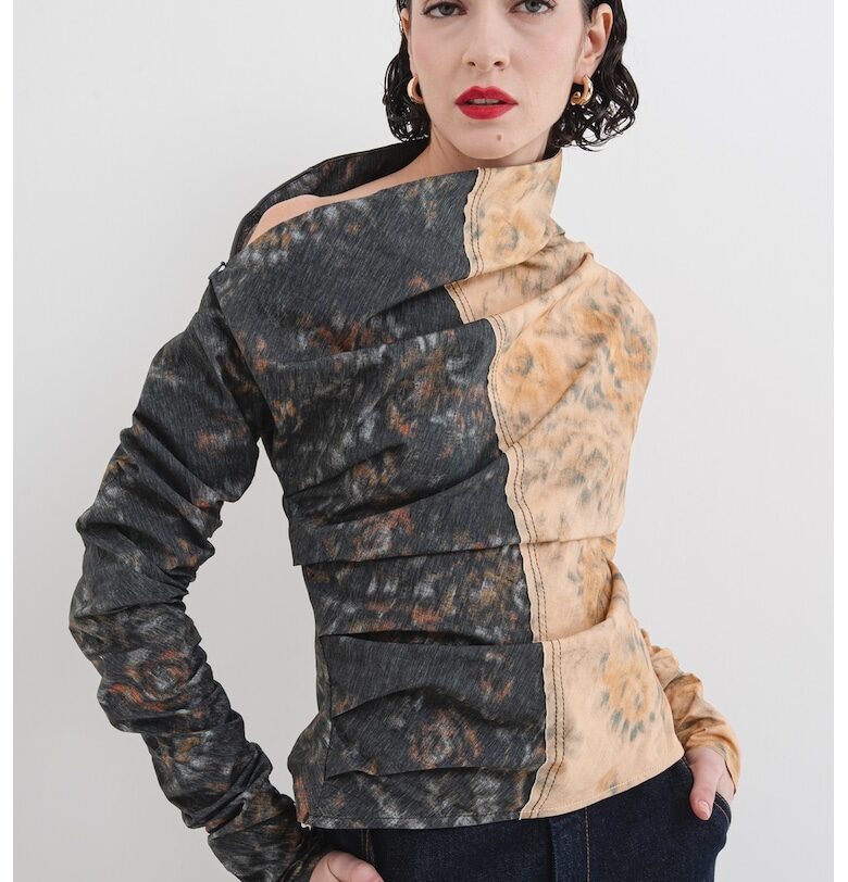 Асиметрична блуза с рюш - Персийски портокал/Антрацитно сиво GANNI