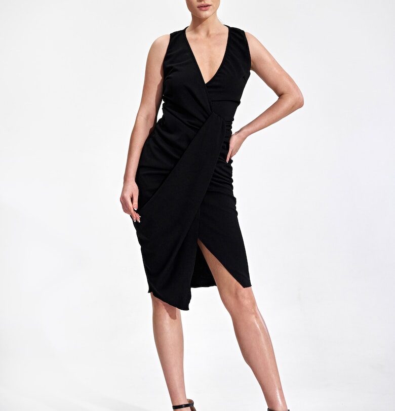 Асиметрична вечерна рокля  M858 - с волани - черна - полиестер-еластан Figl