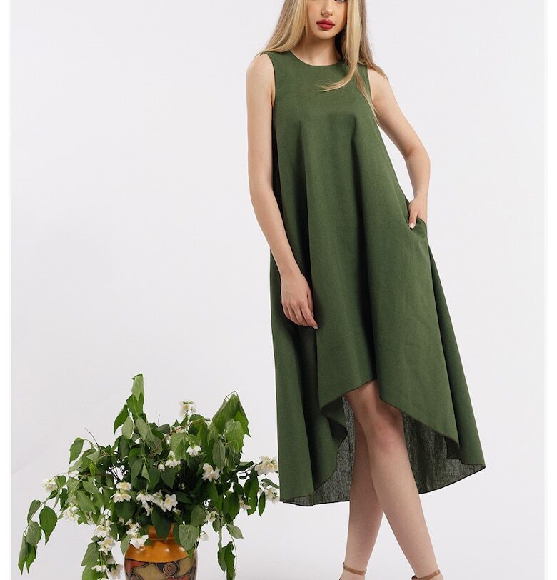 Асиметрична рокля от лен - Каки CAMISSI