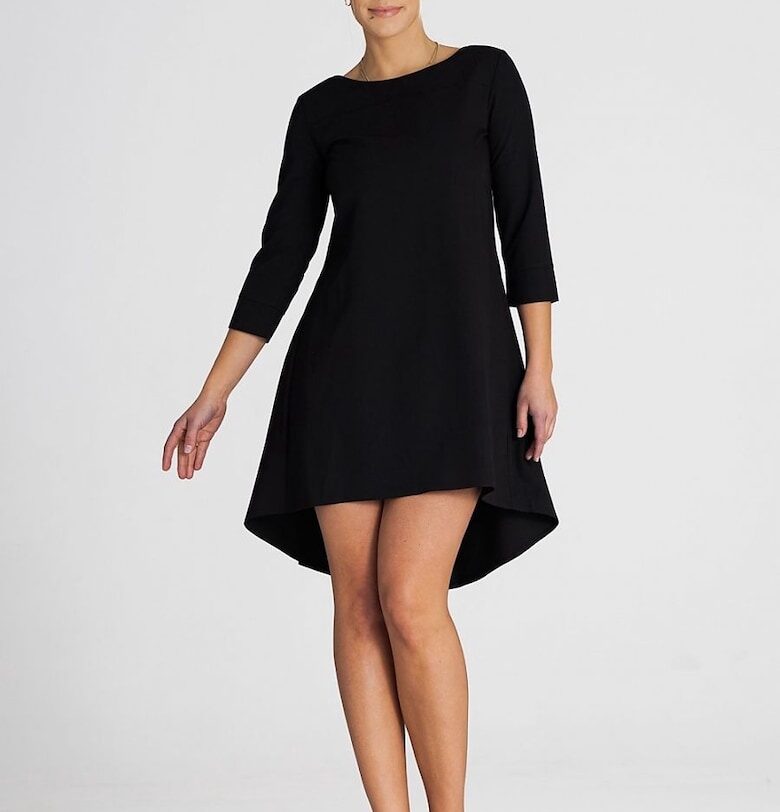 Асиметрична рокля  плисирана - 3/4 ръкав - удължен гръб - черен полиестер-вискоза Figl