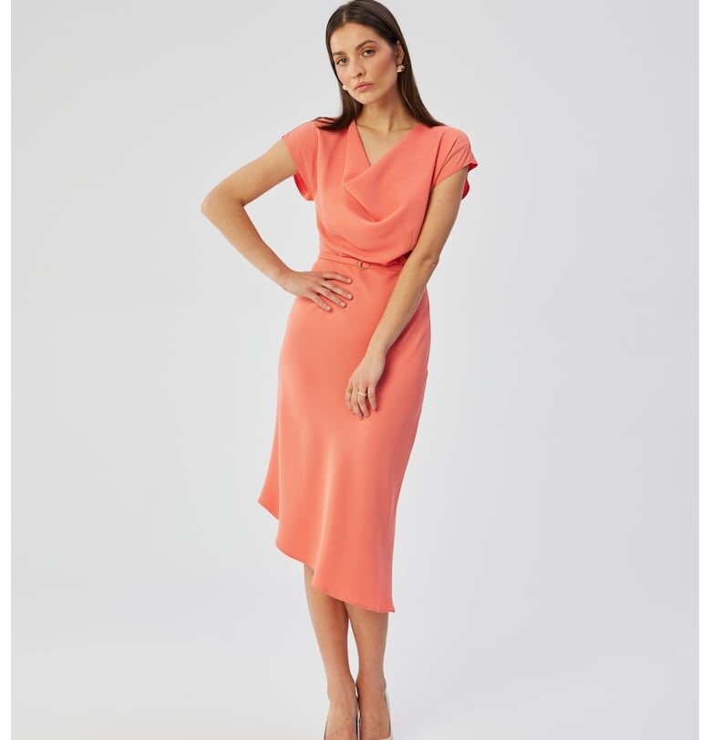 Дамска рокля - асиметрична с каскадно деколте - Полиестер - Оранжев - Розово MOE