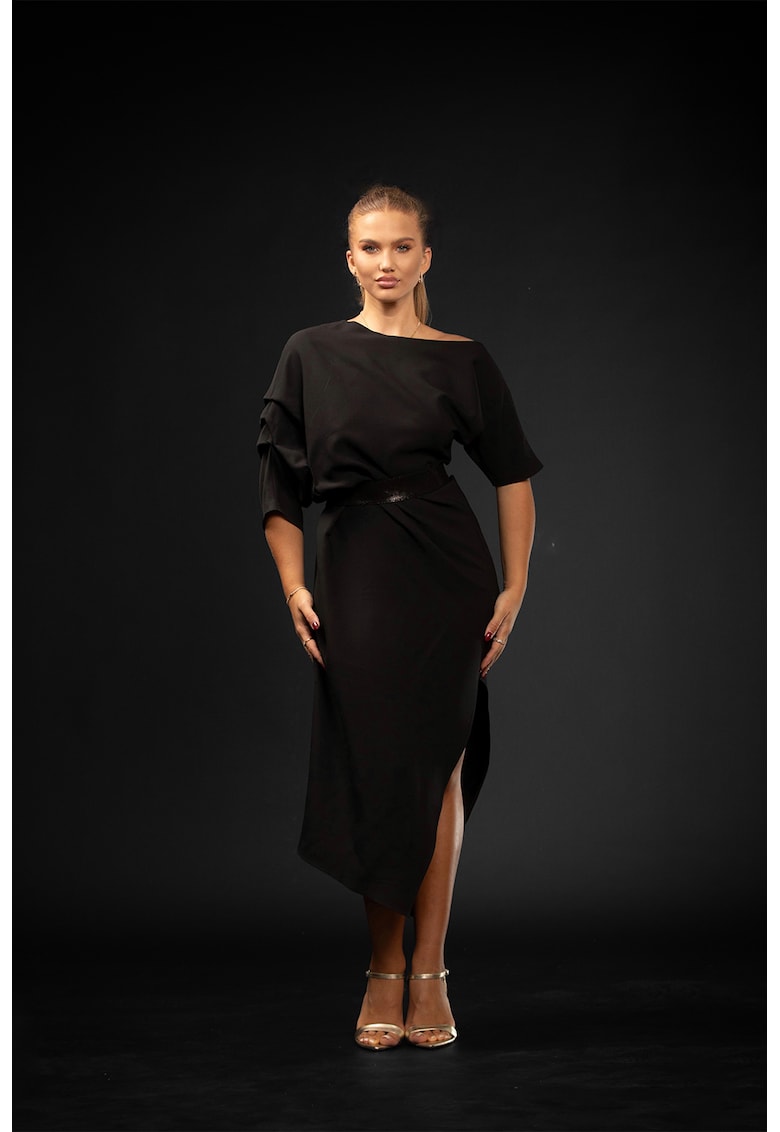 Асиметрична рокля с кожен колан - Черен AS Negulescu