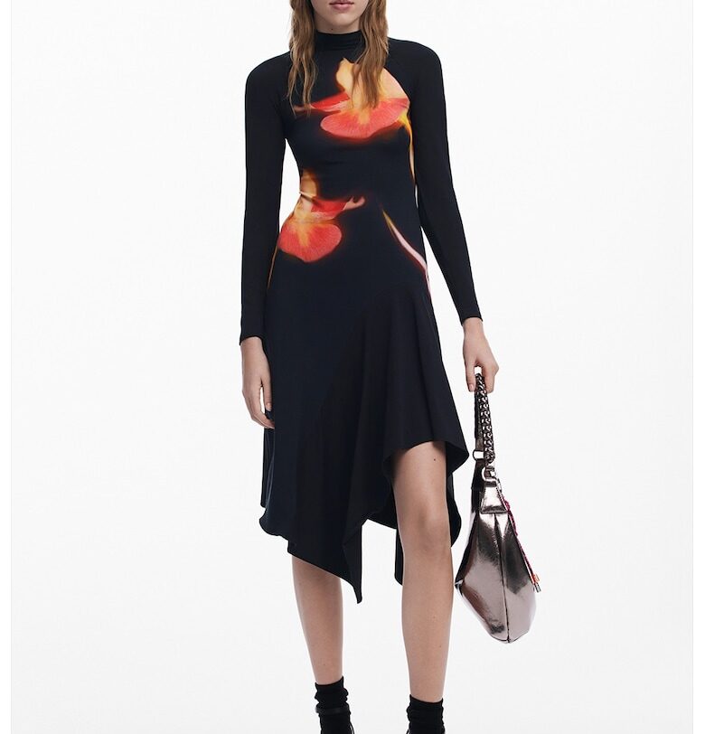 Асиметрична рокля с памук - Черен/Корал/Бледооранжев DESIGUAL