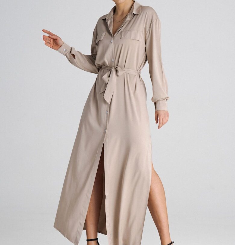 Бежова рокля-риза  M1000 - елегантна - удобна - от полиестер и еластан Figl