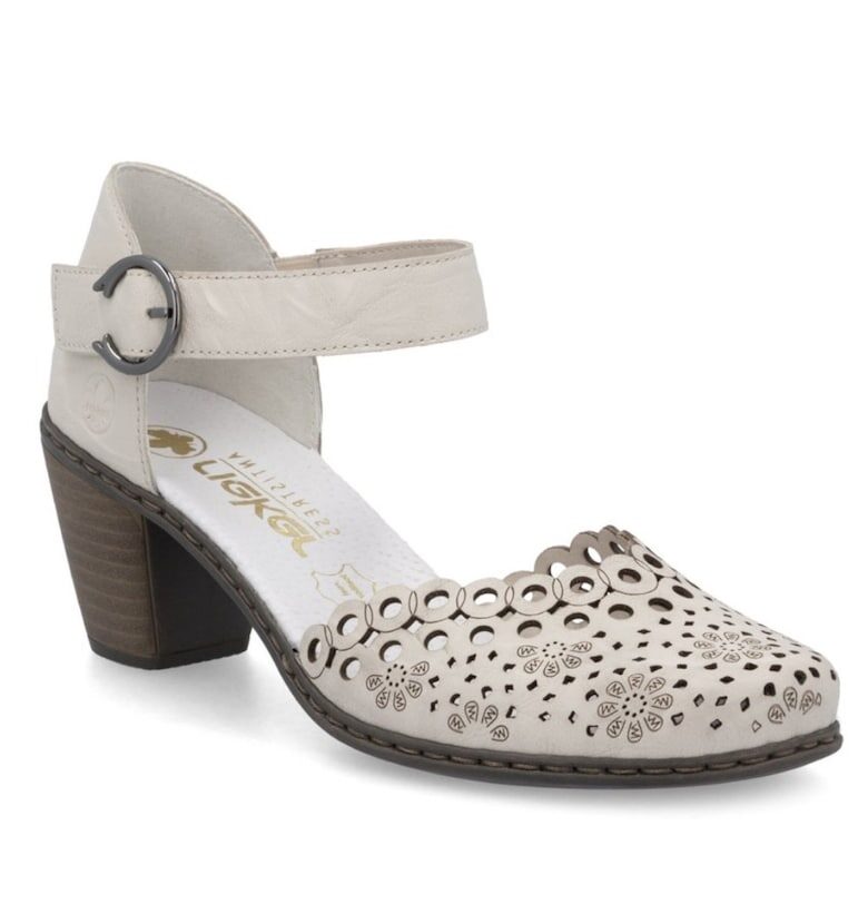 Бежови обувки  от естествена кожа с изрязани връзки и перфорация от дантела RIK40902-60 - Бял Rieker