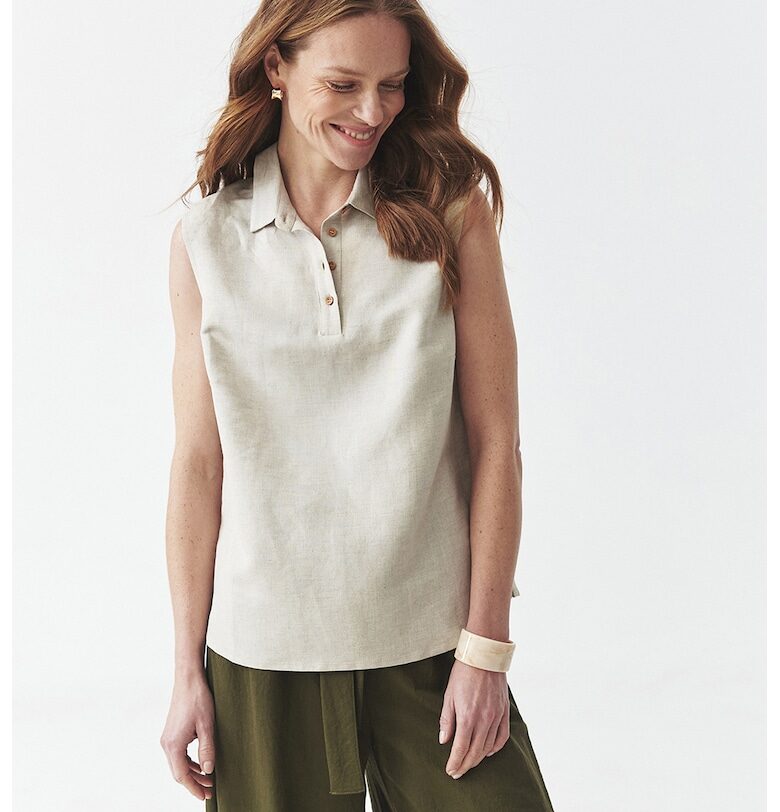 Блуза без ръкави с лен с яка - Бежов Tatuum