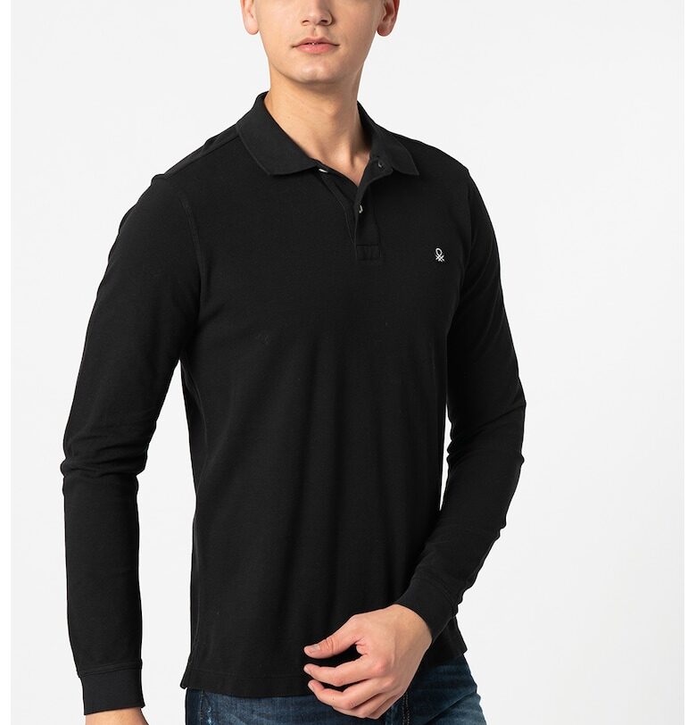 Блуза от памучно пике с яка - Бял/Черен United Colors of Benetton