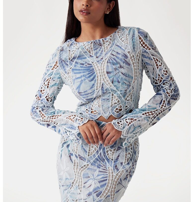 Блуза с ажур - Бял/Коняк кафяв/Лавандула GUESS