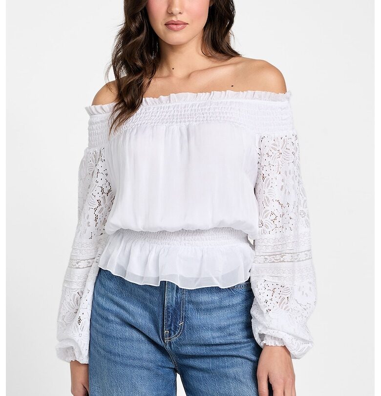 Блуза с коприна с голи рамене - Бял GUESS