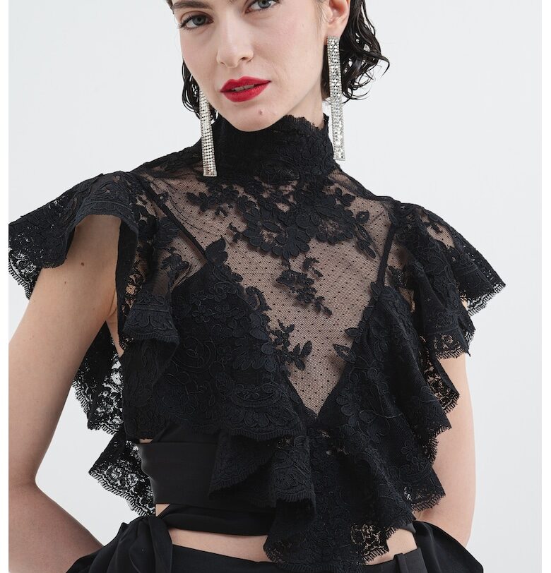 Блуза с къси надиплени ръкави с дантела - Черен/Прозрачен ZIMMERMANN