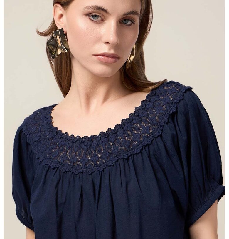 Блуза с къси ръкави и дантела - Ултрамарин синьо Oltre