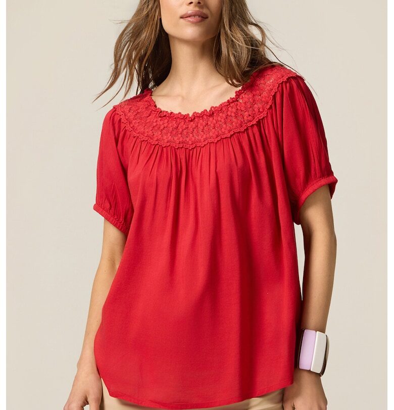 Блуза с къси ръкави и дантела - Червен Oltre