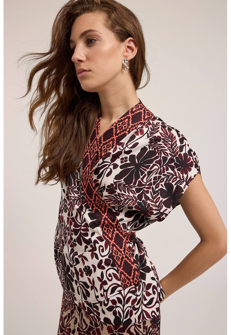 Блуза с къси ръкави и застъпено деколте - Кафяв/Бежов Motivi