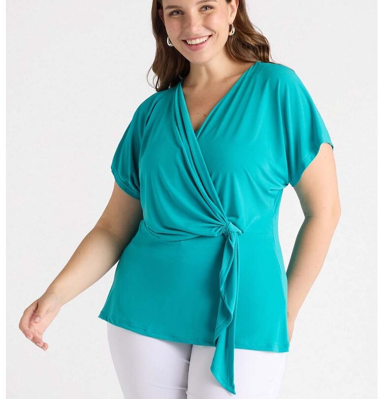 Блуза с къси ръкави и застъпено деколте - Тюркоаз Fiorella Rubino
