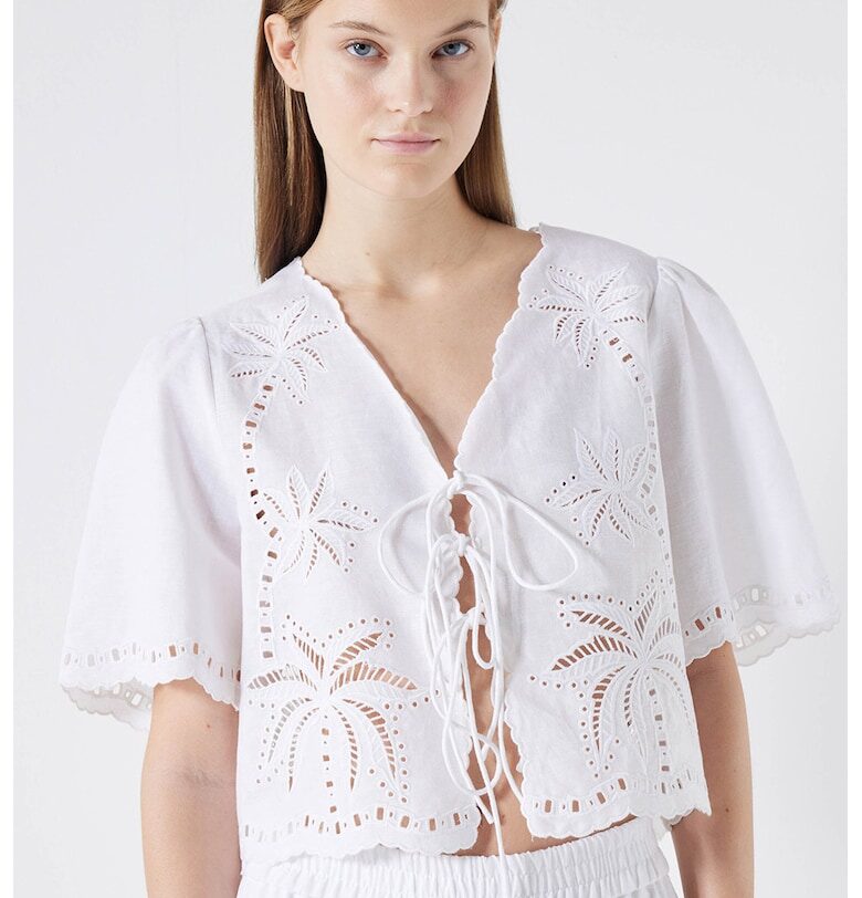 Блуза с лен с ажур и връзки - Бял Ipekyol