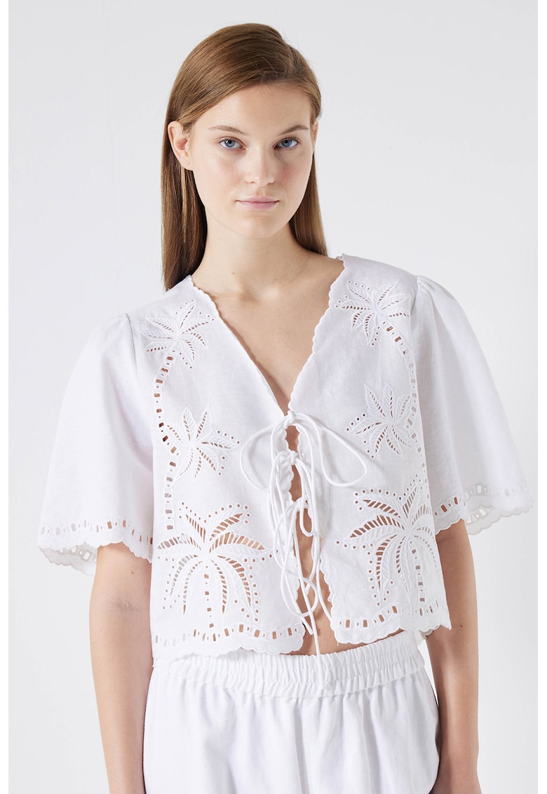 Блуза с лен с ажур и връзки - Бял Ipekyol