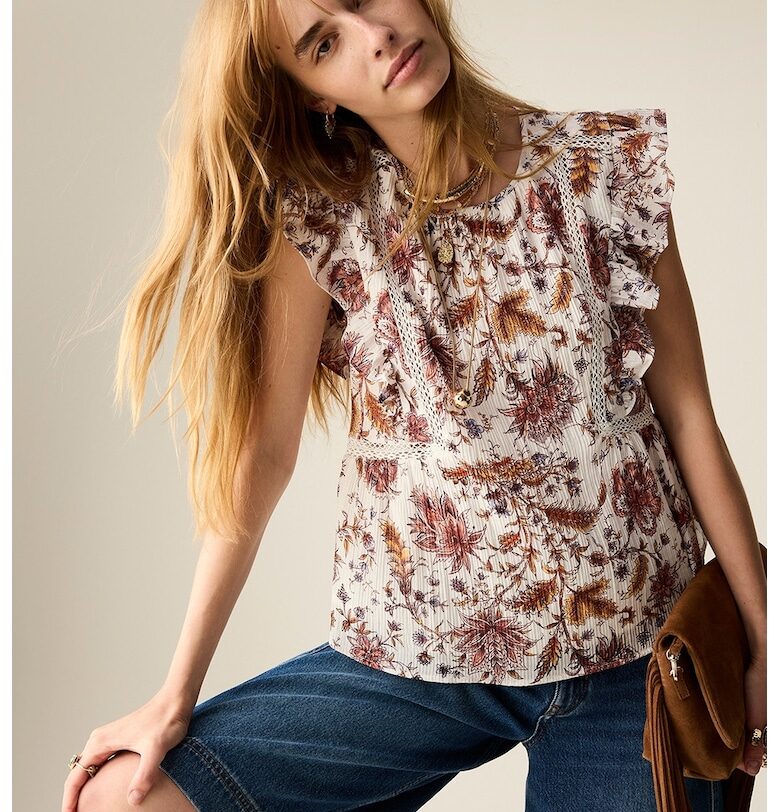 Блуза с набирания и принт - Бял/Кафяв/Крем Marks  Spencer