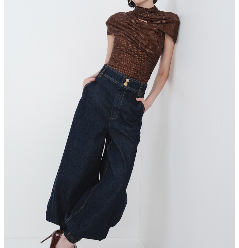 Блуза с набрани къси ръкави и декоративни камъни - Тъмнокафяв SELF-PORTRAIT