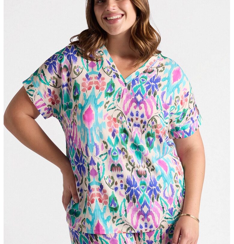 Блуза с принт и шпиц - Тюркоаз/Индигово синьо/Розово Fiorella Rubino