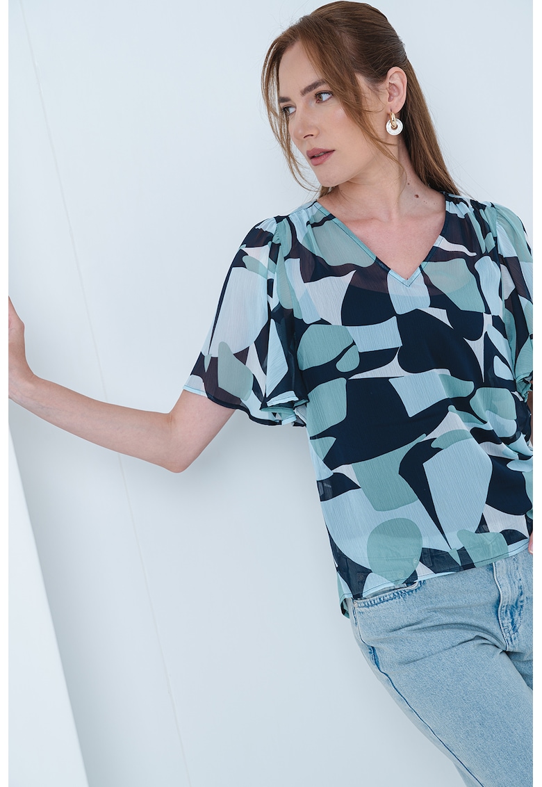 Блуза с ръкави тип пеперуда - Бял/Черен/Бледозелен Tom Tailor