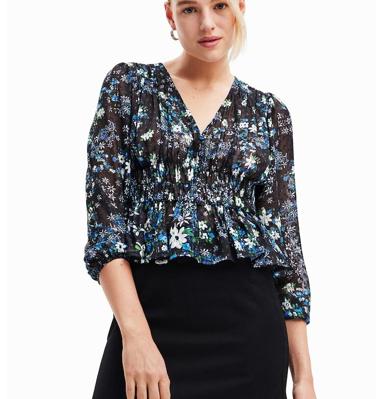 Блуза тип пеплум с 3/4 ръкави - Бял/Черен/Син DESIGUAL