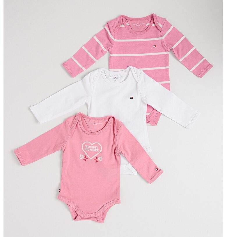Боди с дълги ръкави и бродирано лого - 3 броя - Бял/Розово Tommy Hilfiger