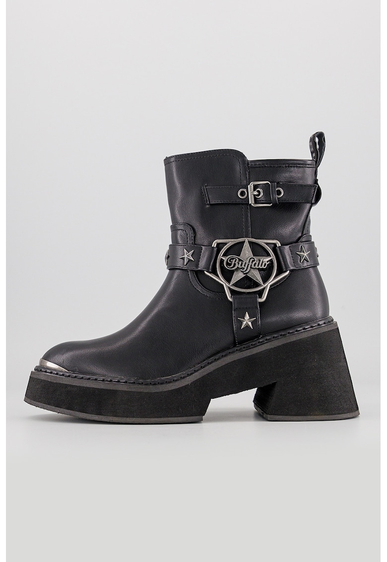 Боти Bull Star Biker от еко кожа с масивен ток - Черен Buffalo